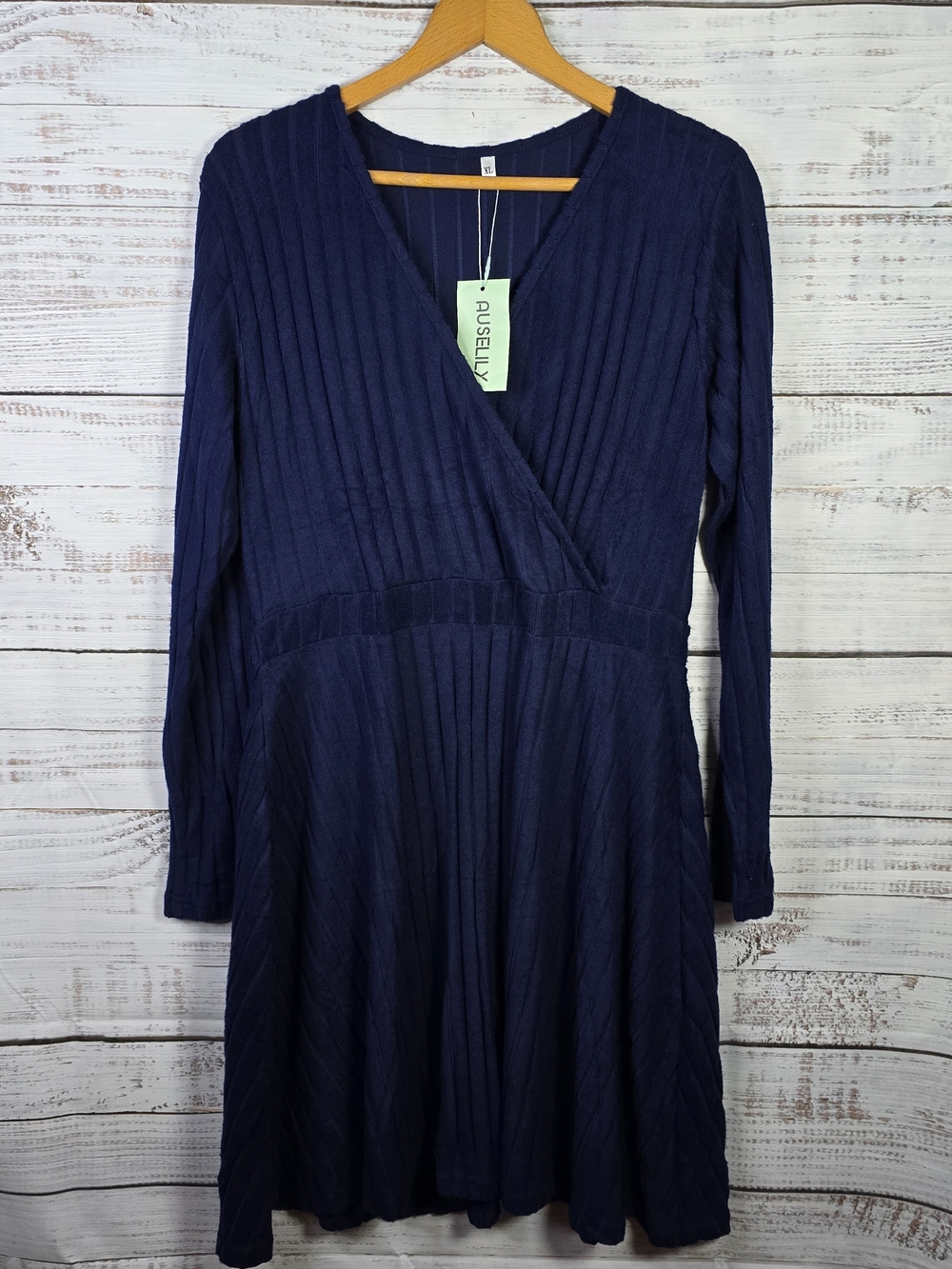 Auselily Ribbed Knit Dress Size XL Navy Blue Long Sleeve Fit & Flare